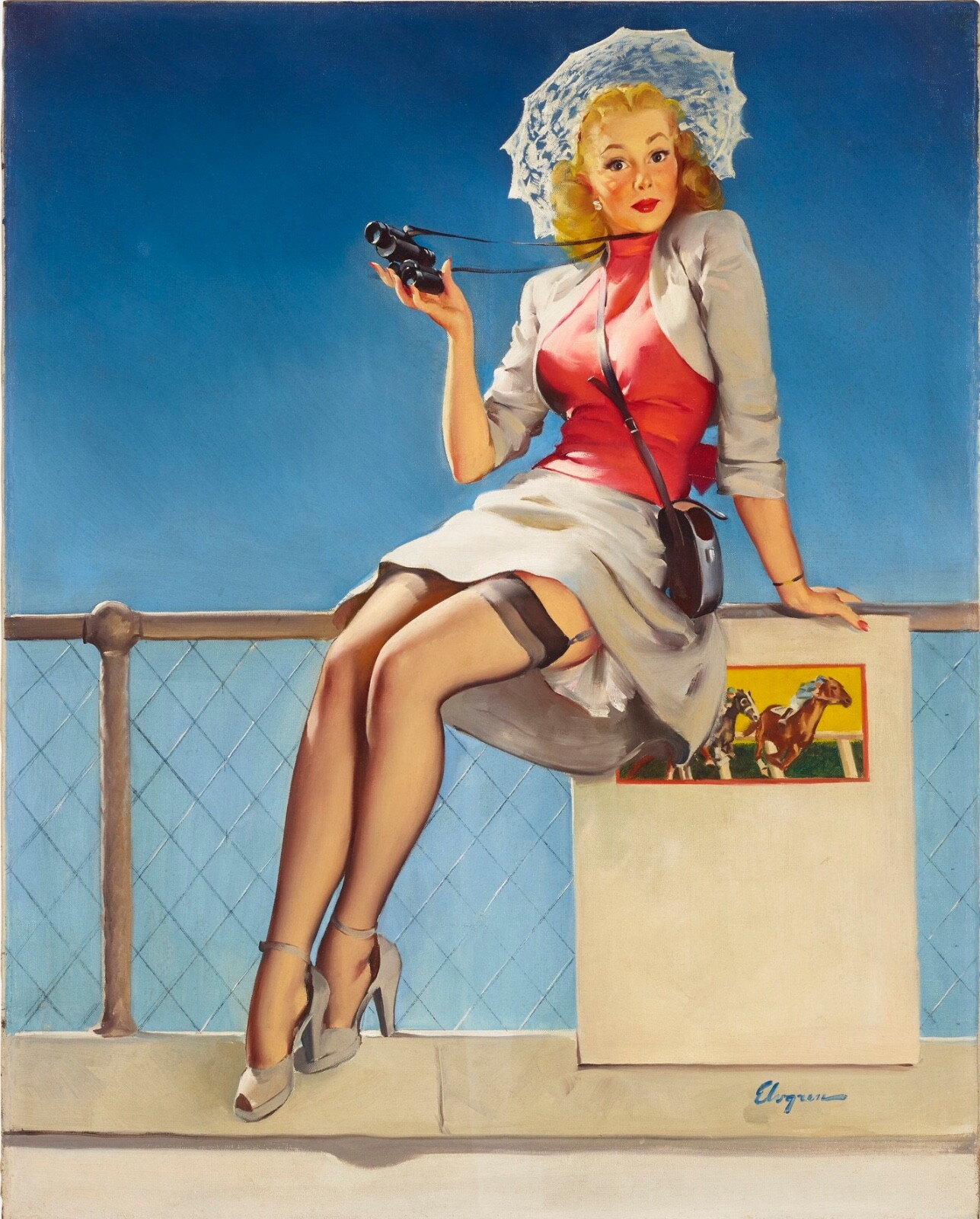 ELVGREN or BOLLES Pinup Original VANCAS Painting UPSKIRT Pin-Up Stockings 1of 2