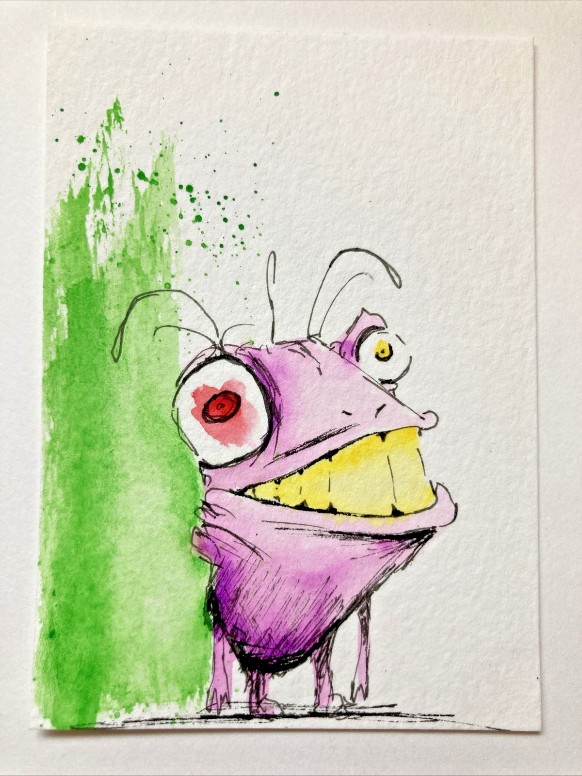ACEO Original Watercolor Painting OOAK Monster ATC Artist Trading Card