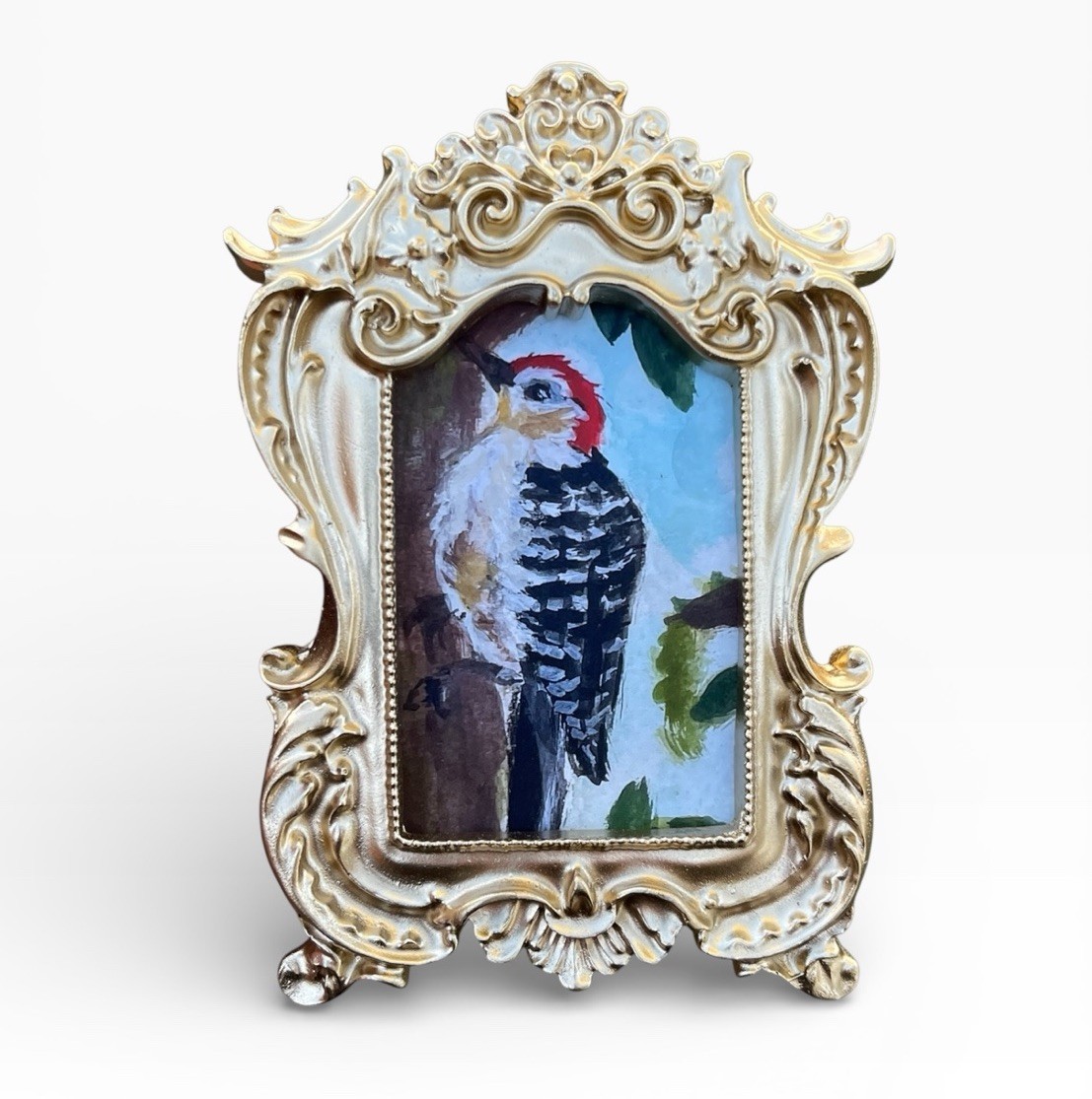 Woodpecker mini watercolor bird print in a gold vintage style ornate frame