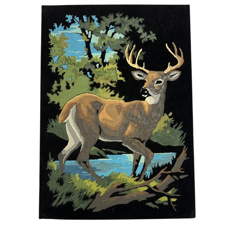 Vintage Black Velvet Painting PBN Buck Deer Forest Landscape Wildlife Art 10X14