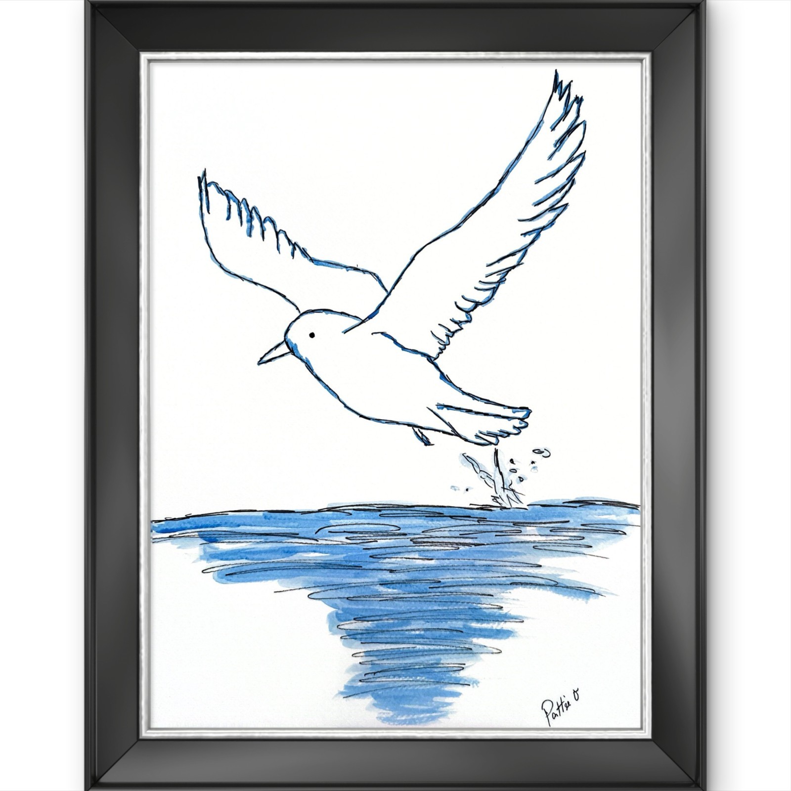 Coastal Seagull Watercolor Fine Art Painting 15X11 Gallery Paper Signed Blue
