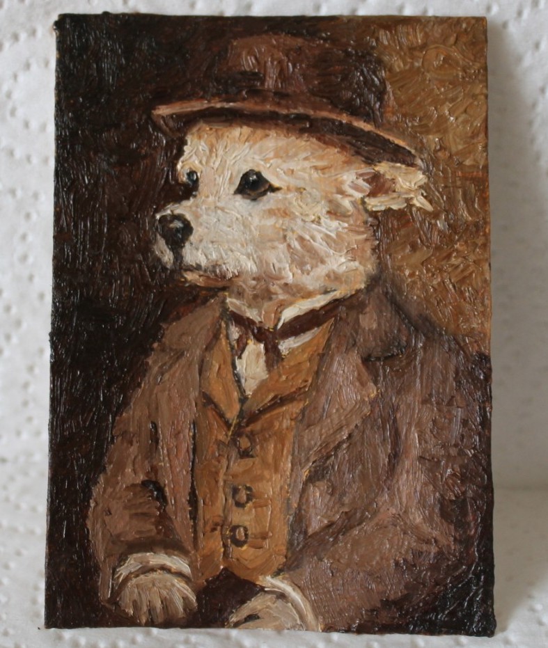 Original ACEO oil painting impressionist terrier dog portrait #W4547