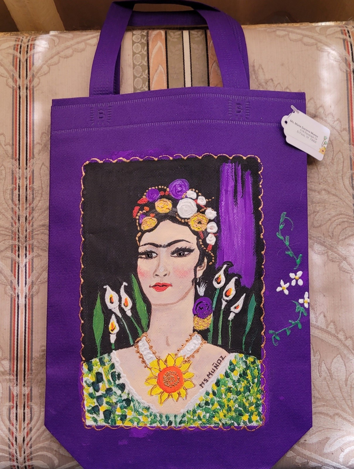Artist Handpainted Frida Small Tote Bag Purple 10×14