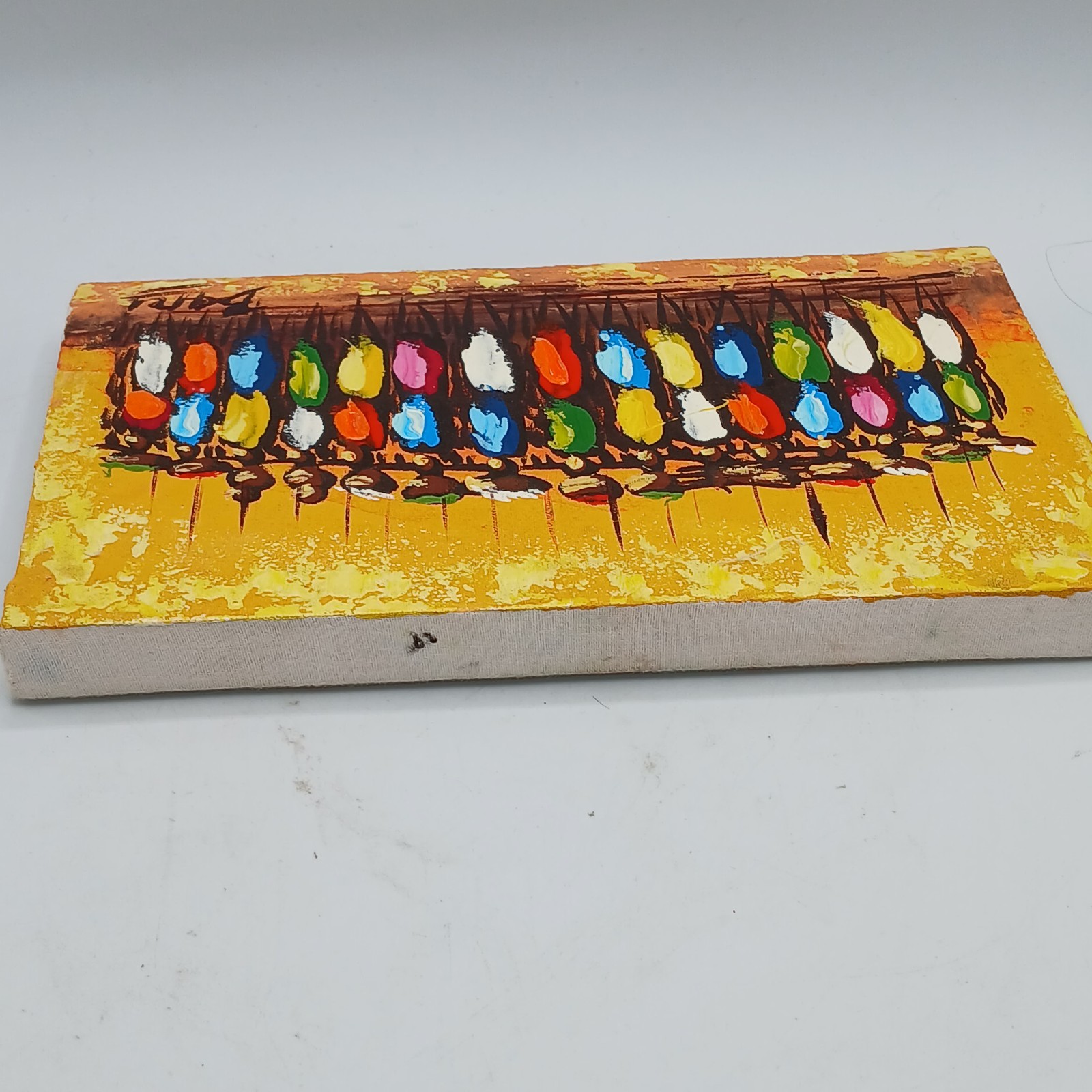 African Tribal Scene Painting Colorful Figures on Textured Board Luanda Angola