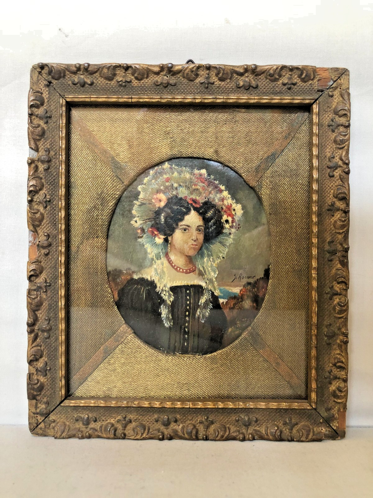 Antique Hand Painted and Signed Women’s Portrait in Original Frame.