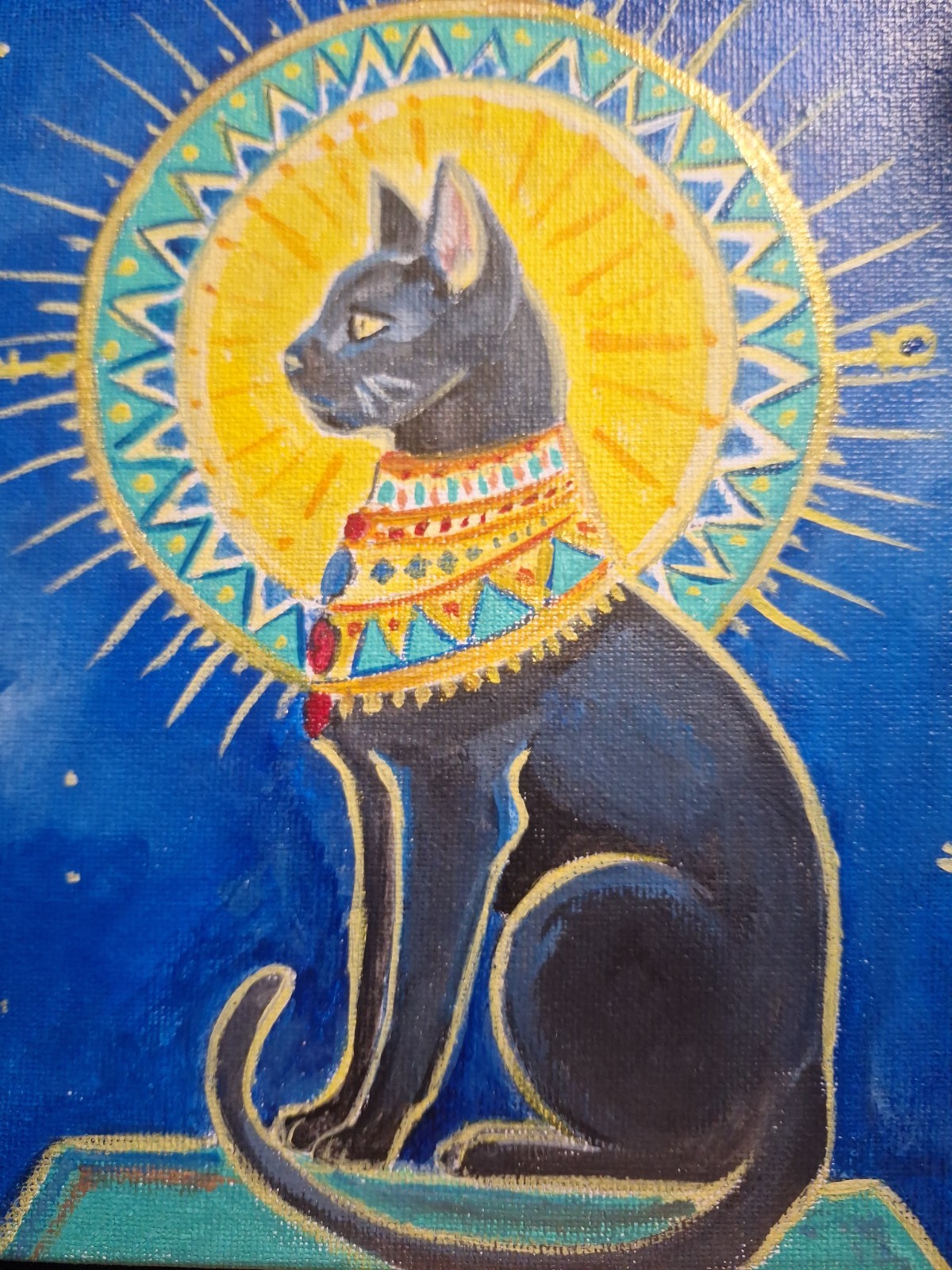 Orginal Signed 8×10 Expressionist Egptian Cat Acrylic Canvas Art Blue Decor