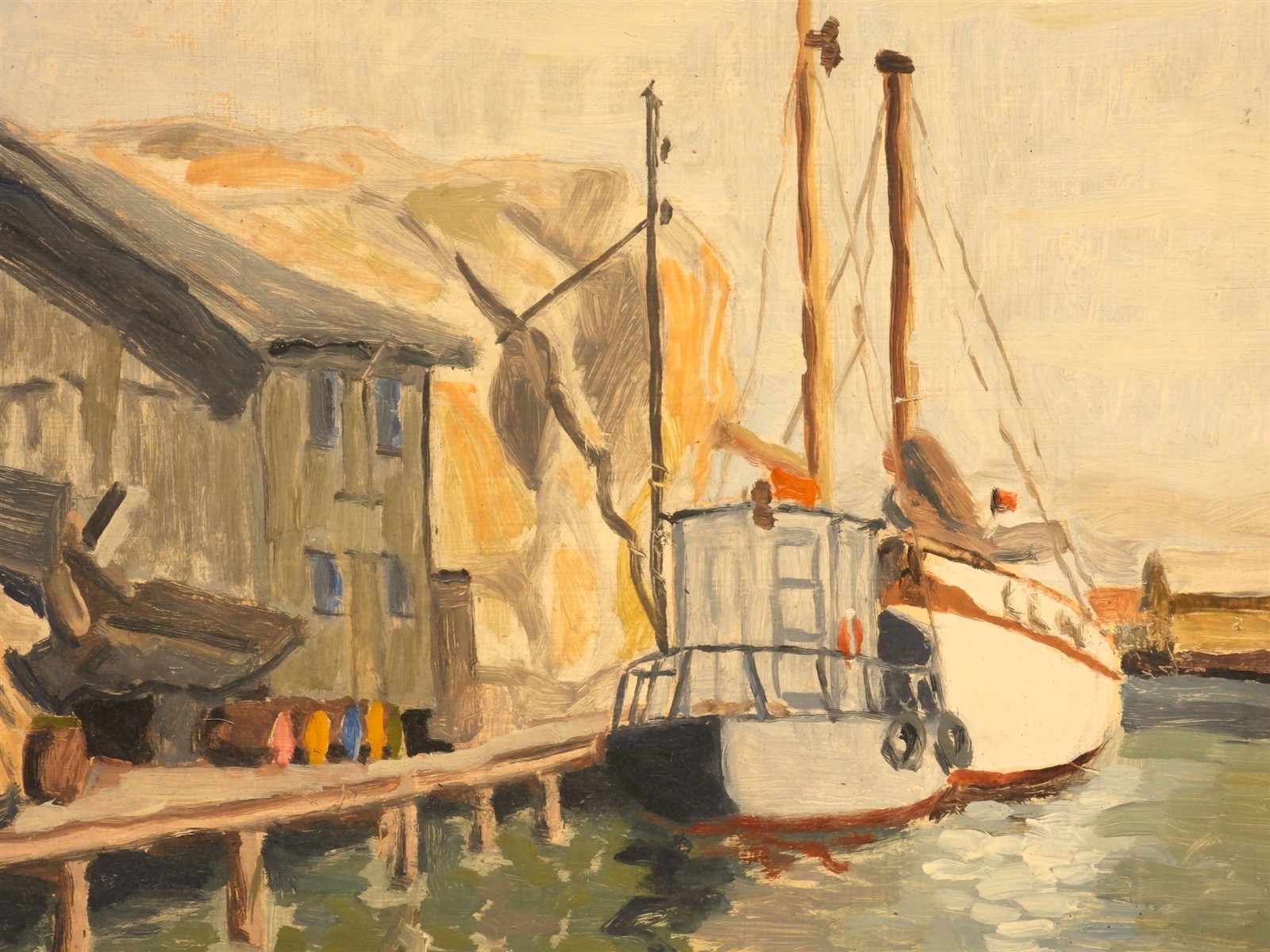 C.1920’s Scandinavian Impressionist Plein Air Sailboat at Dock Oil Painting