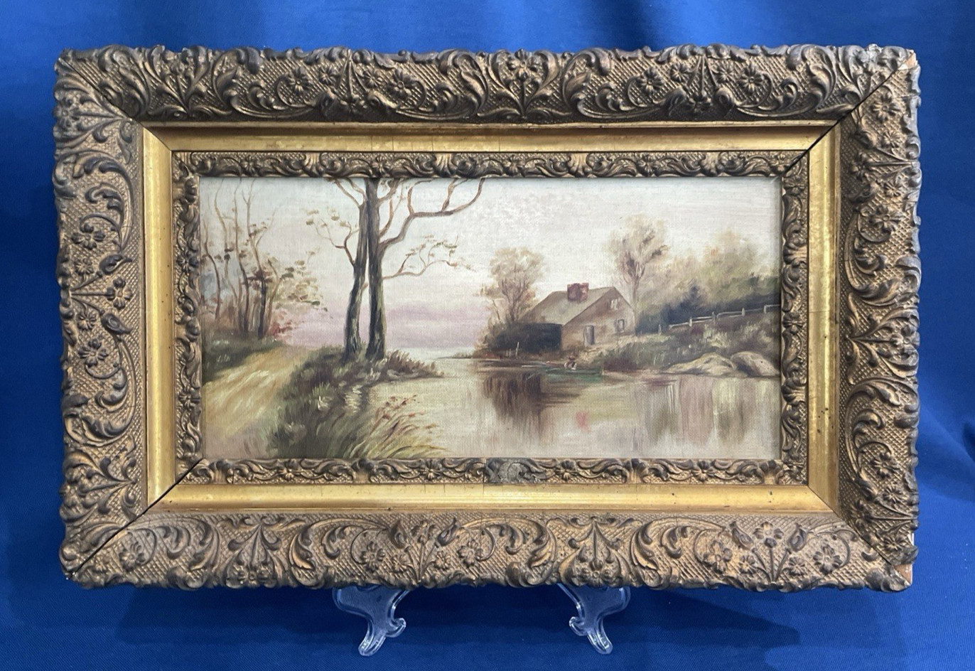 ANTIQUE 1880-1900 Pastoral River Landscape OIL PAINTING Row Boat / Canoe Fishing