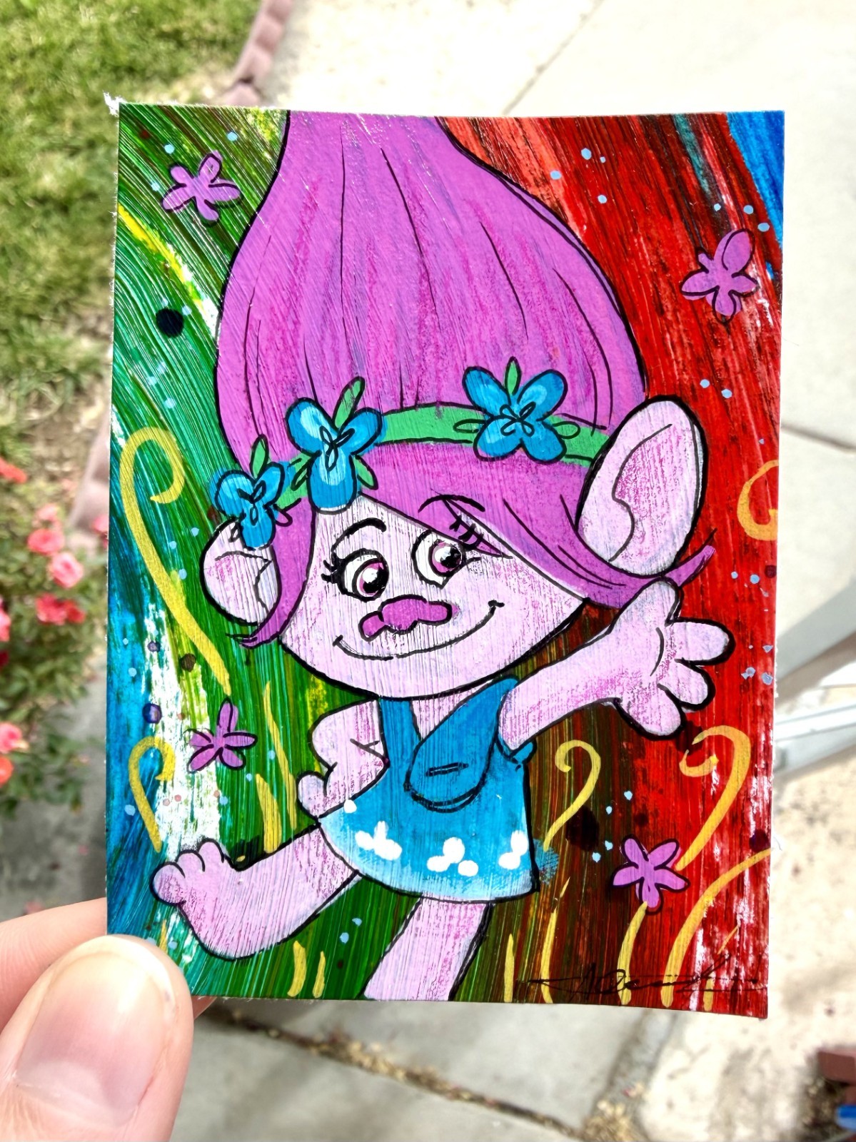 Original ACEO Poppy Painting by Alannah Dyer- Mini Art 2.5×3.5 in. Trolls Movie