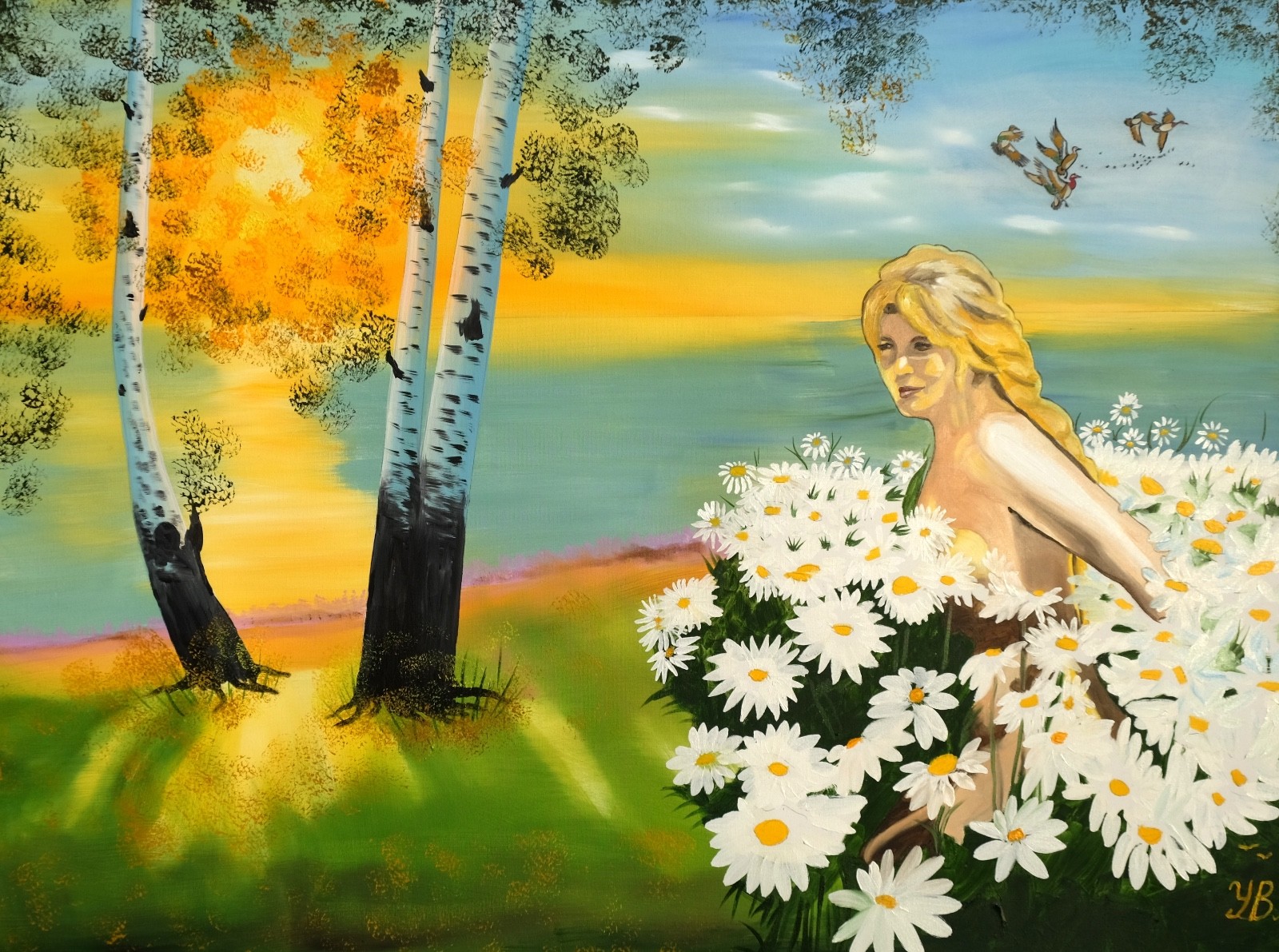 Art, Painting, «White Birch with in Chamomile» Giclee on Canvas 22′ x 30″ Berzon