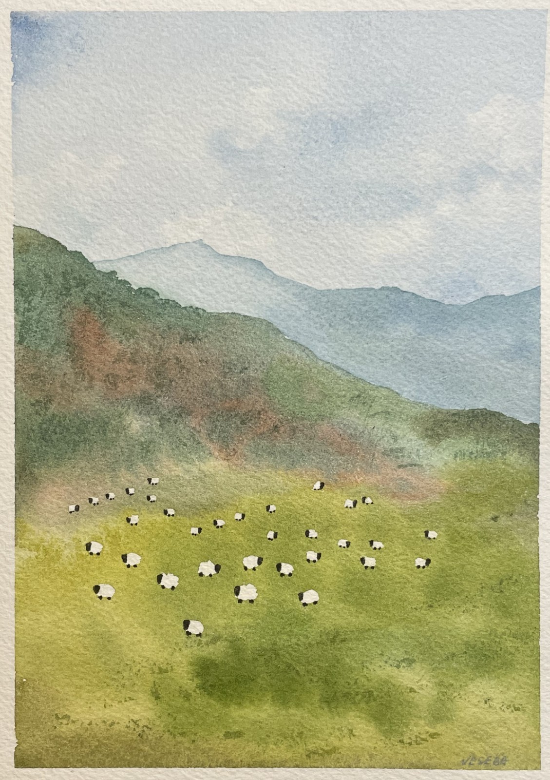 Original Watercolor Painting Landscape Nature Sheep Hills Mountains – 5×7 inches