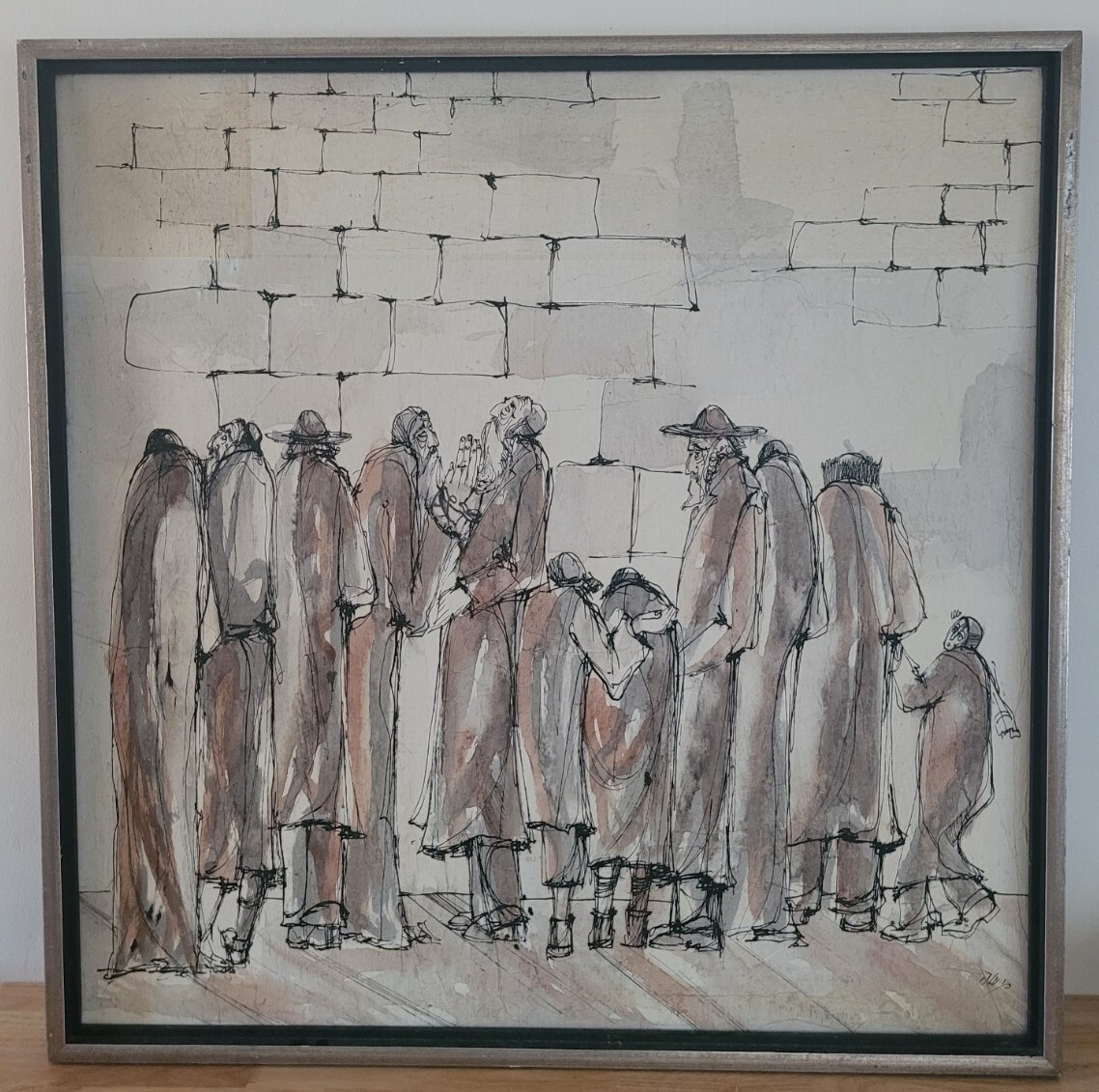 VINTAGE FRAMED CANVAS PAINTING WAILING WALL JEWISH JERUSASLEM 37 x 37