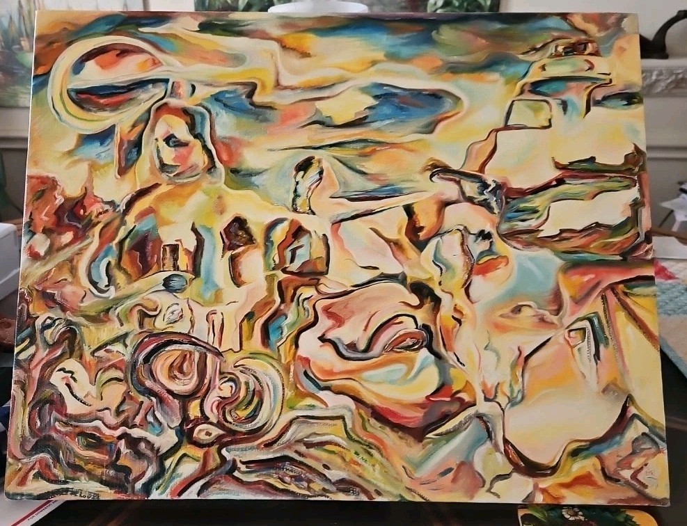Original VTG OOAK 1984 Abstract Art Oil On Linen «Coming Attractions» Signed