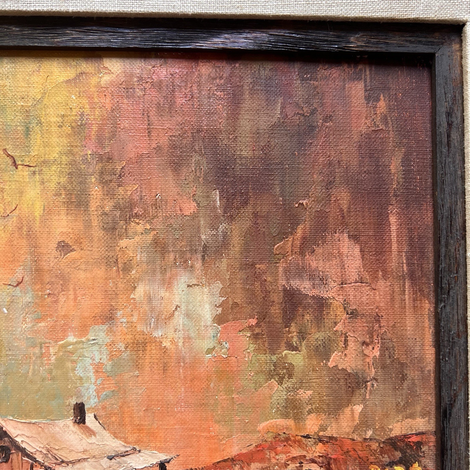 Vintage Impressionist Oil Painting Landscape 70s Framed Farm House Warm Colors