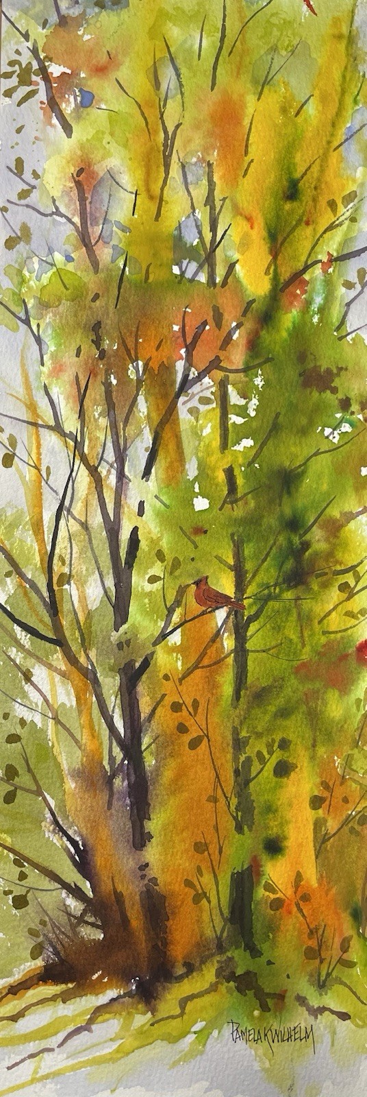 5”x15” Original Pamela Wilhelm Watercolor Tall Narrow Trees Red Cardinal Orange
