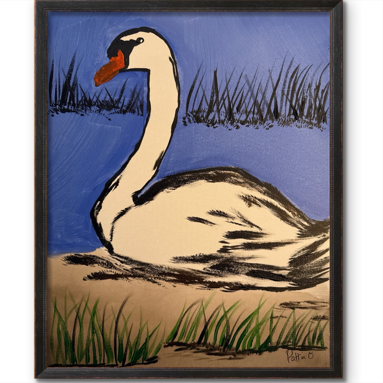 Swan in the Marsh Painting 14×11 Contemporary Folk Wildlife Art Canvas Signed