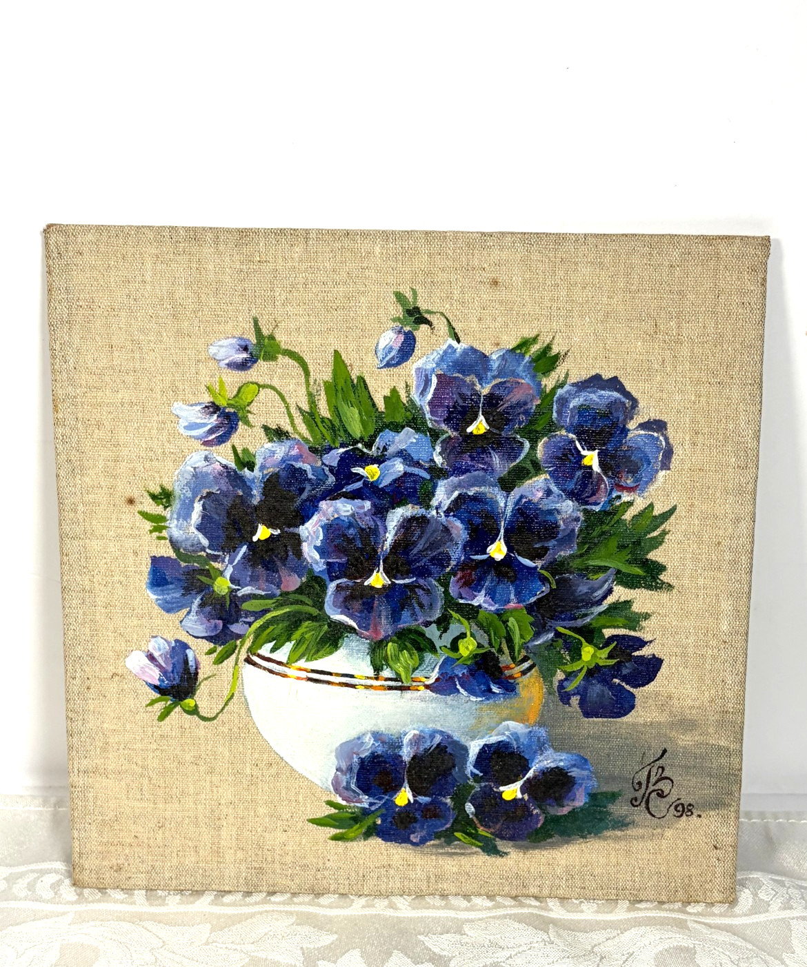 Original Floral Still Life Painting Blue Pansies in Bowl Linen on Board Signed