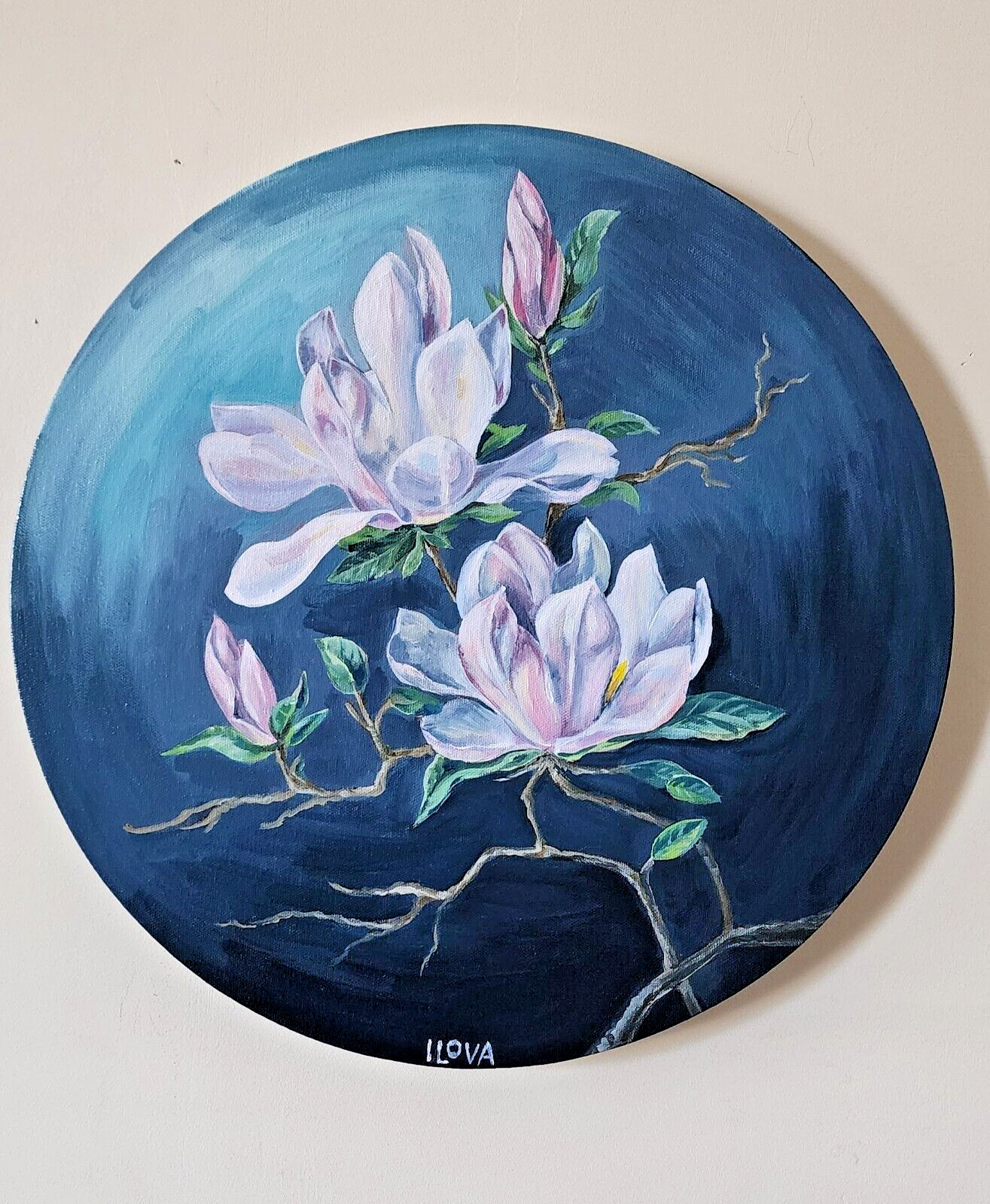 Exquisite Hand-Painted Magnolia Artwork on Round Canvas – One of a Kind by ILOVA