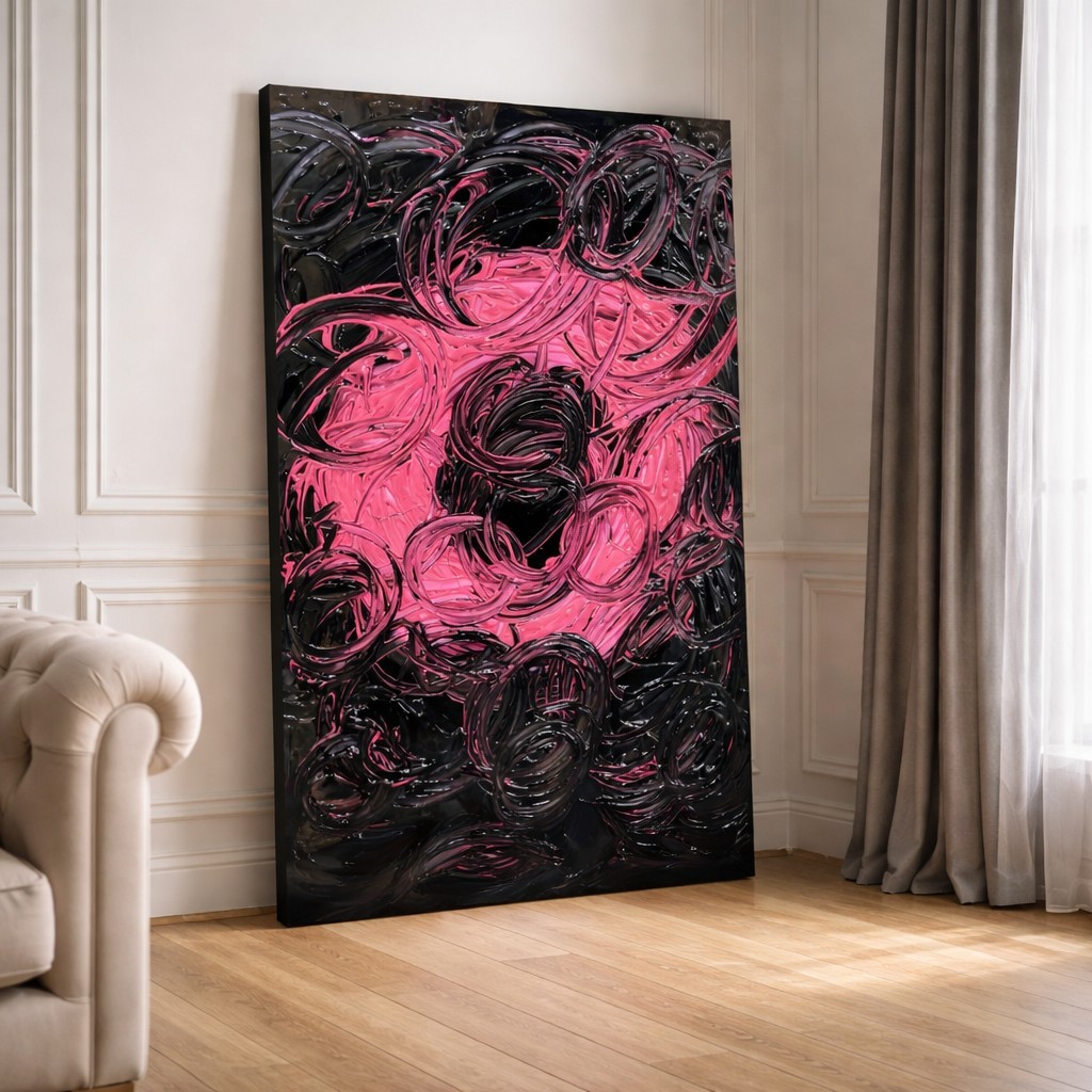 Trey Coppland, Circle of Life Abstract Painting, Pink & Black, 24+30 inch,2026