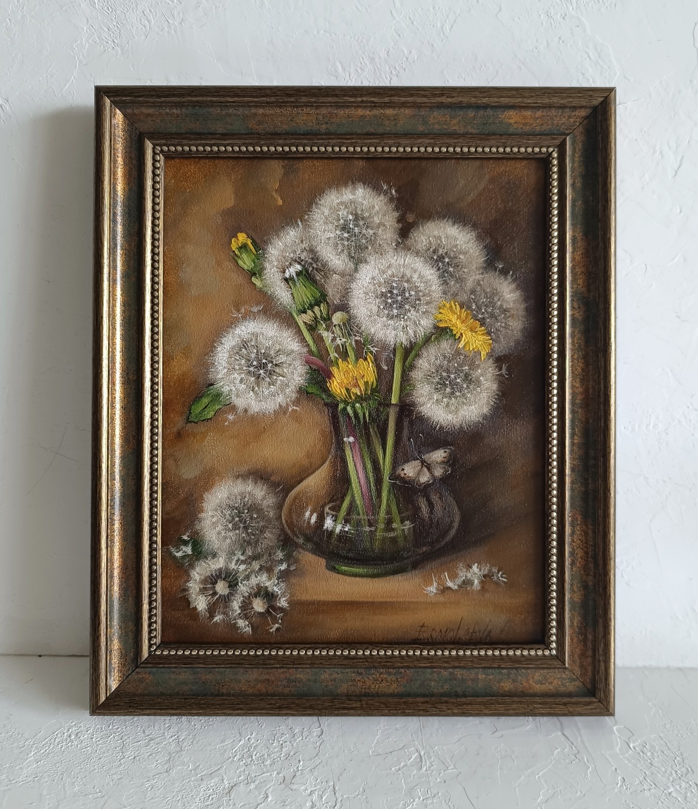 Dandelion Bouquet Original Oil Painting Framed Floral Still Life Art 8×10 in