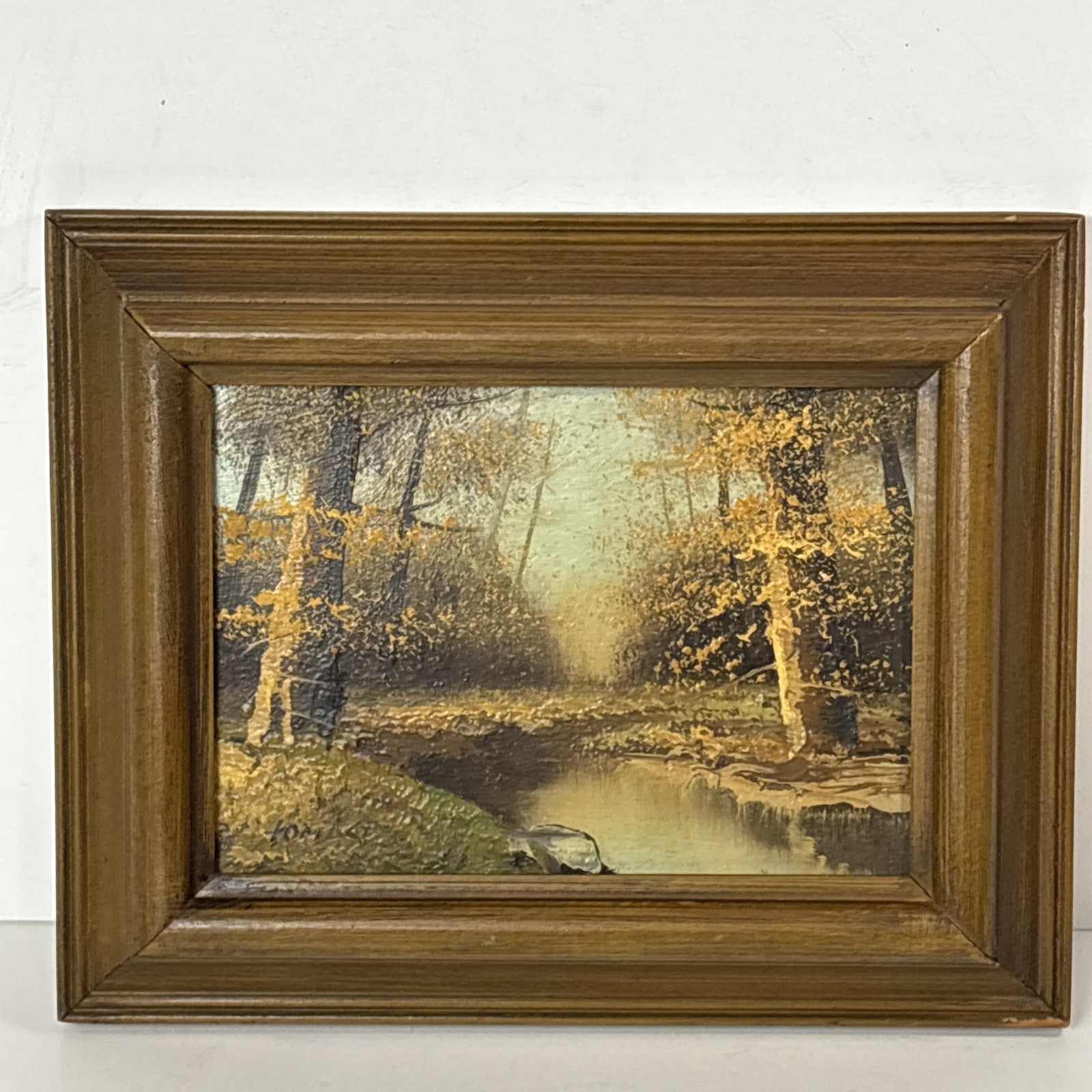 Vtg Landscape Oil Painting Artist Signed Autumn Forest River Chunky Wood Frame