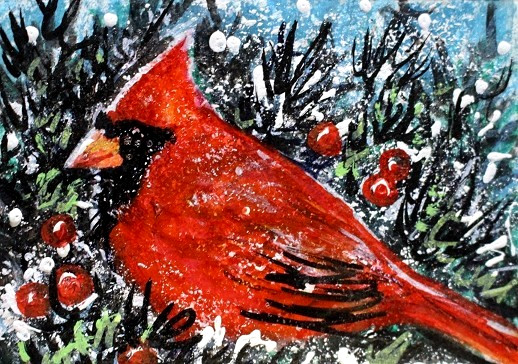 ORIGINAL Male Cardinal Bird ACEO PAINTING Winter Red BIRD Snow Animal Nature ART