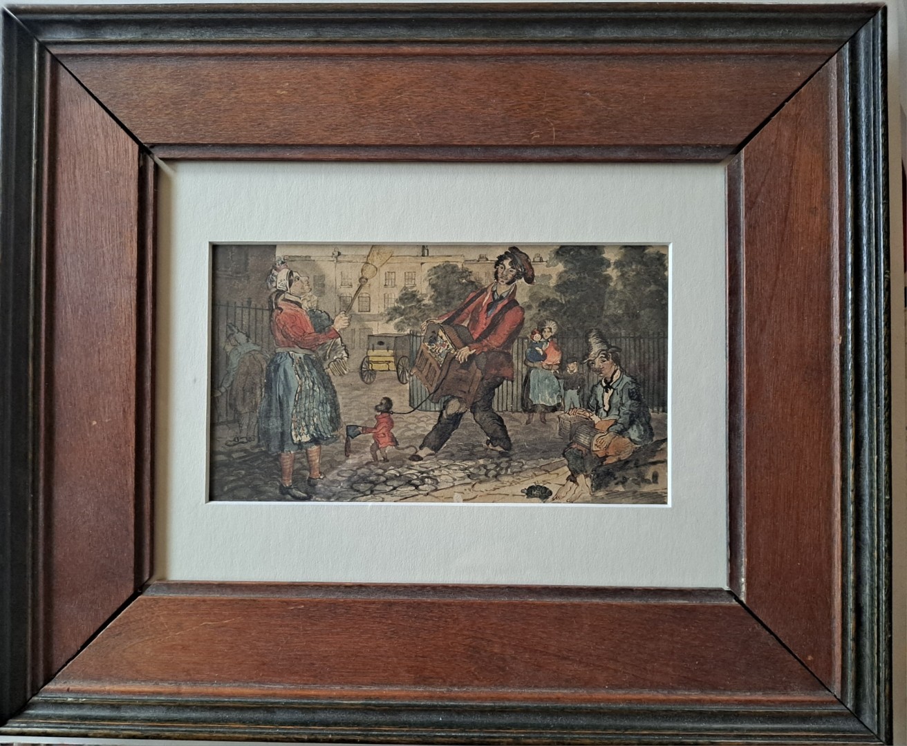 Antique 19c. Victorian Street Musician MINSTREL Monkey W/C Painting Hurdy Gurdy