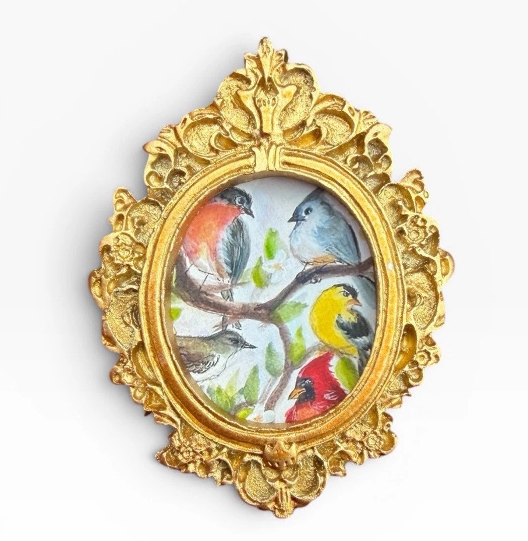 TEENY MINI • Backyard Birds watercolor bird print in TINY ornate frame
