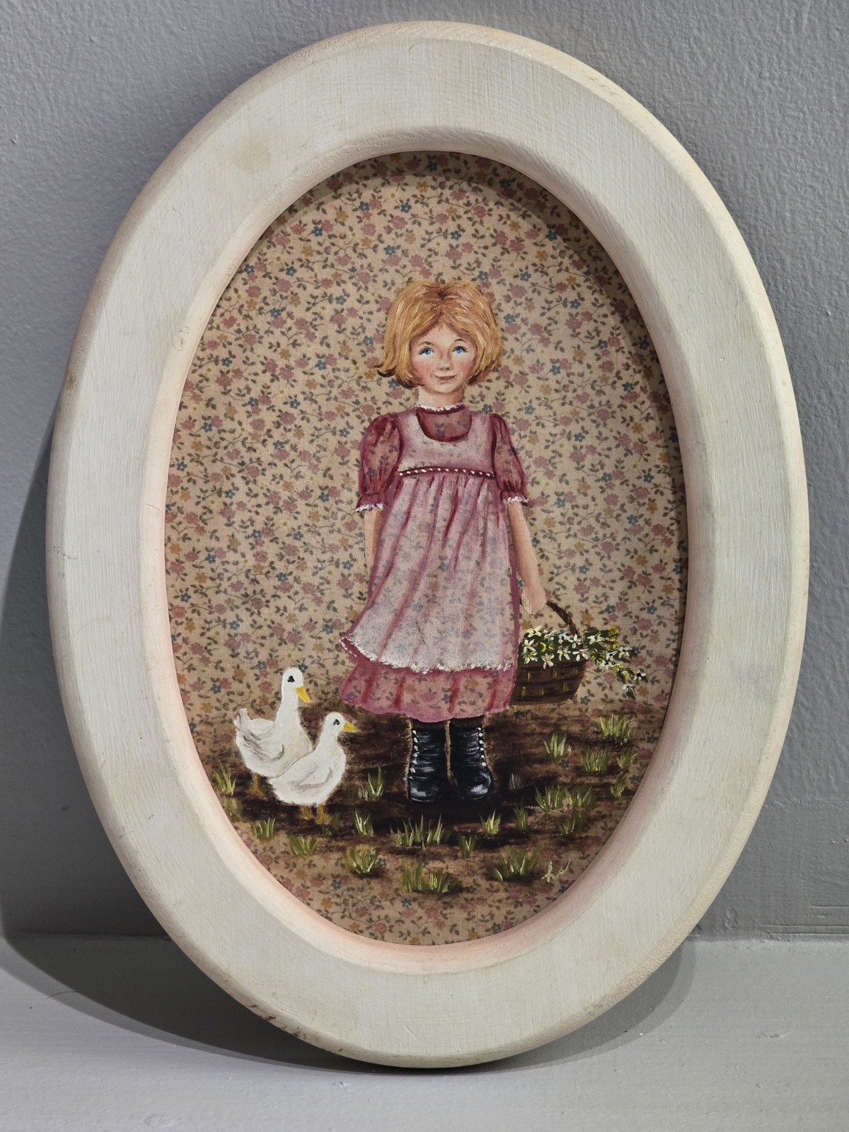 Vintage Oil On Wood Framed Prairie Girl With Geese Signed Cottagecore Painting
