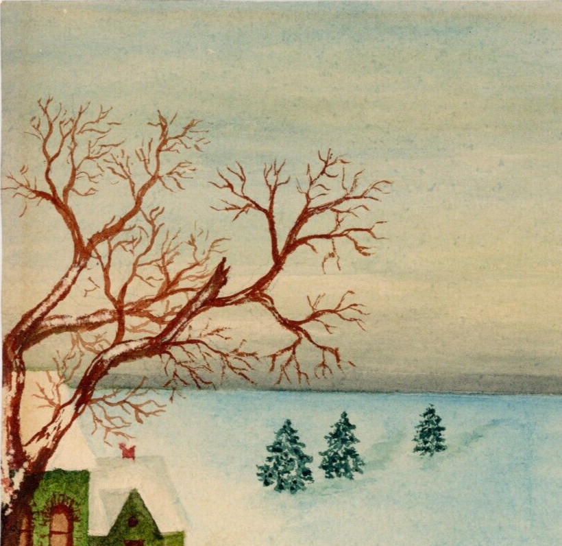 1903 Martha B Etchison Painting Winter Landscape Snowy Trees Green House Cottage