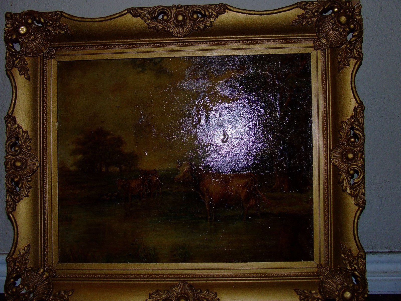 Antique 19th C. Landscape Gathering Watering Cows Oil on Board Gilt Ornate Frame