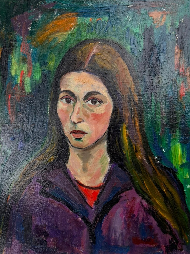 Long-Haired Girl in Purple 20 x 16 Oil Painting-1930s/40s-Maxim Bugzester