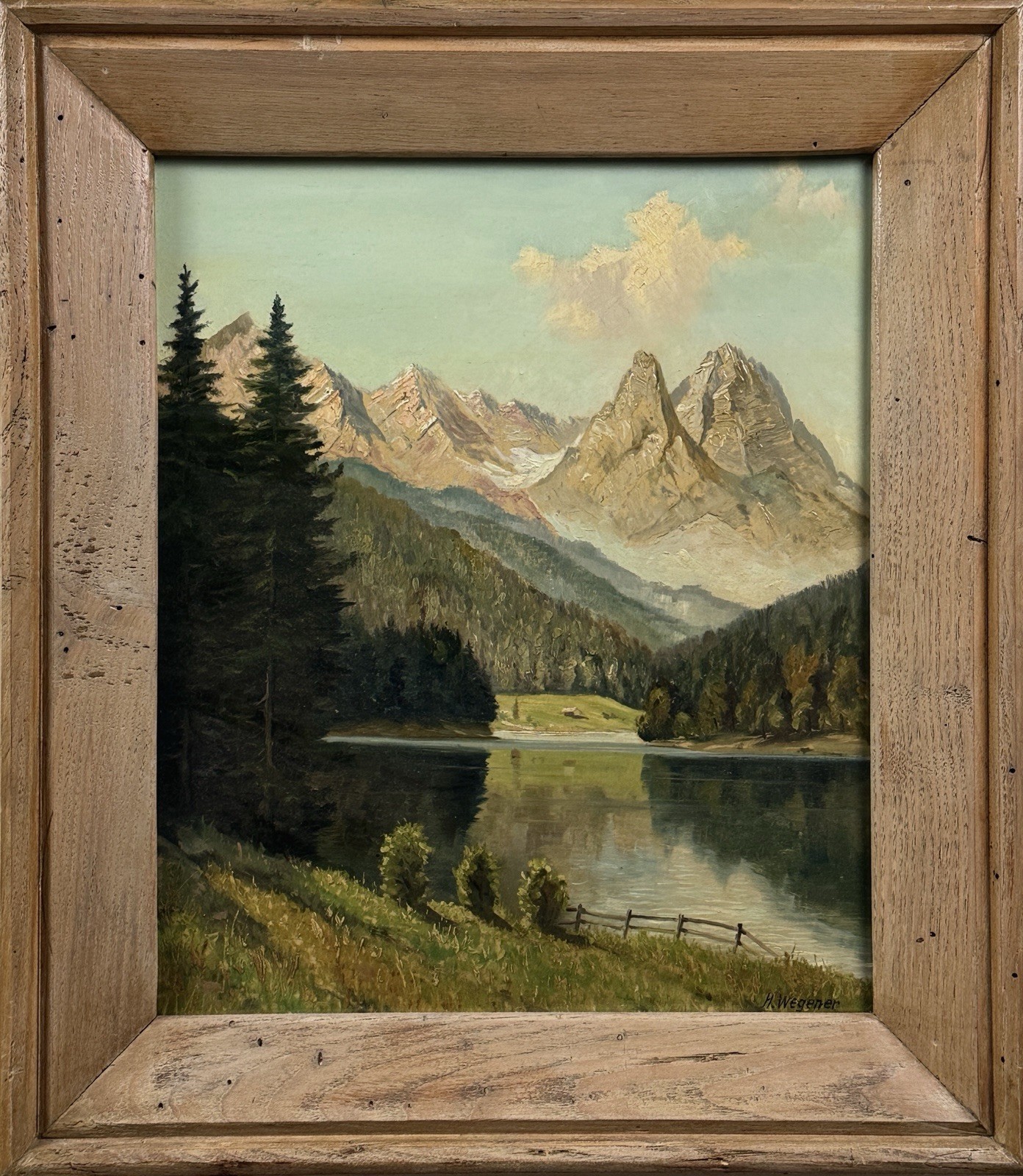 Vintage Romanticism German Mountainous Landscape w/ Lake by Heinrich Wegener