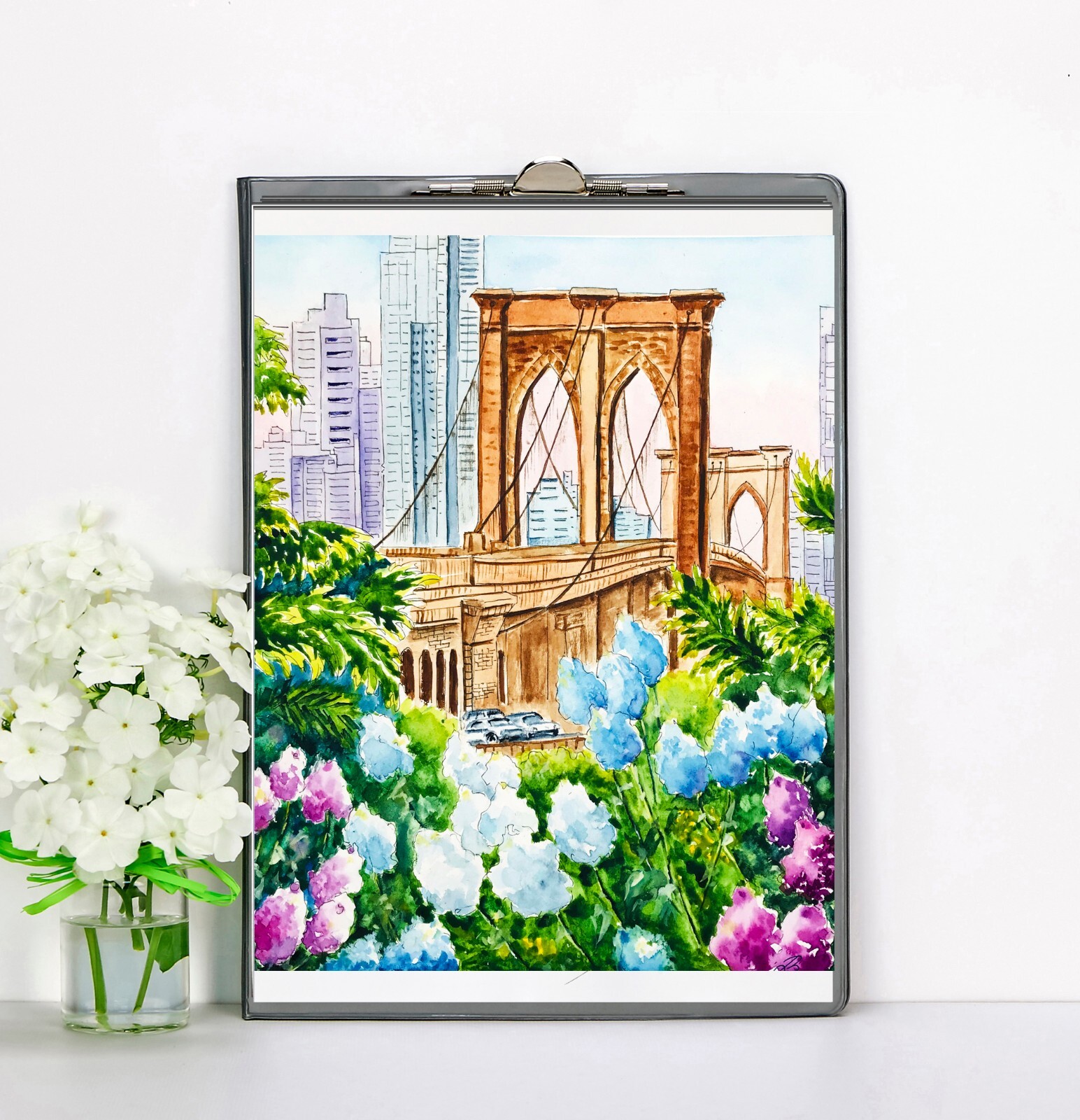 Original Art New York City Watercolor Brooklyn Bridge Painting NYC 12 x 9″