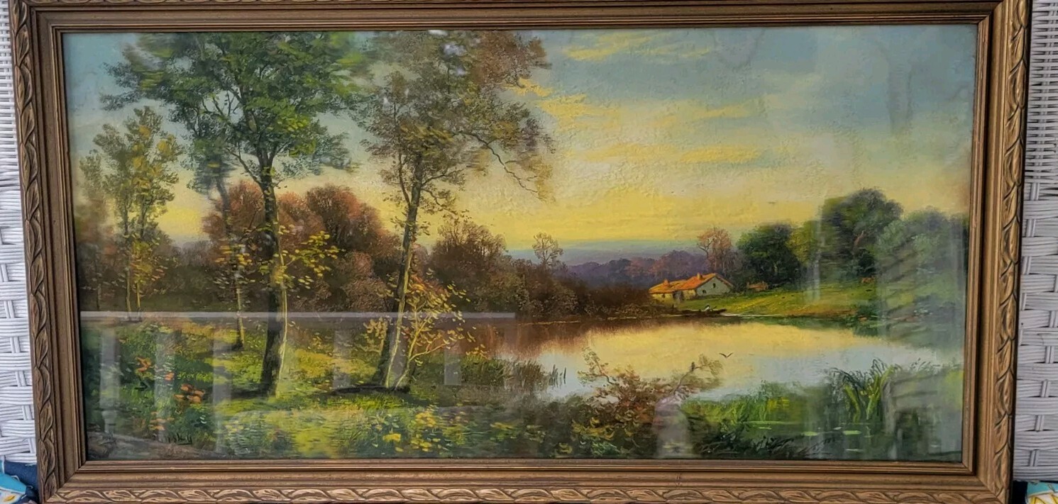Vintage Landscape Pastel Painting Lake Homestead Framed By Adolph Schepansky