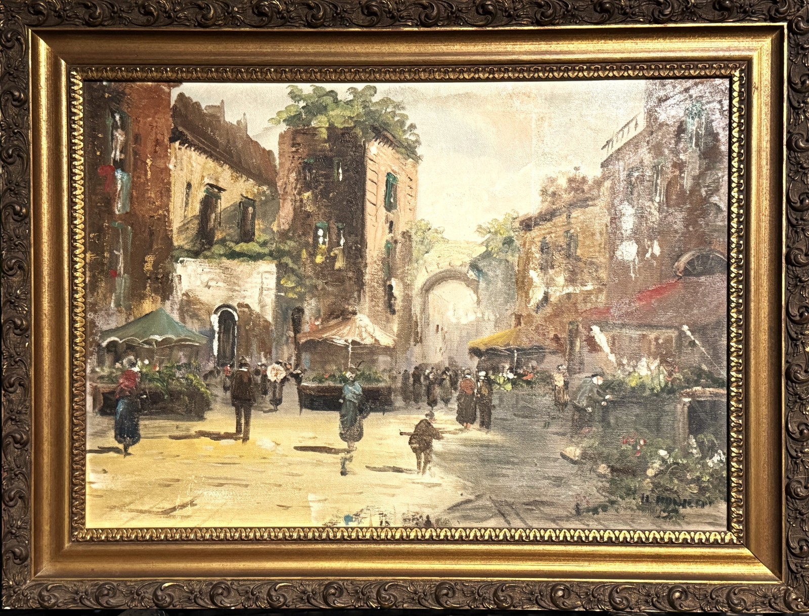 VTG Mid-20th C European School Orig. Impression. O/C Market Street Scene, Signed