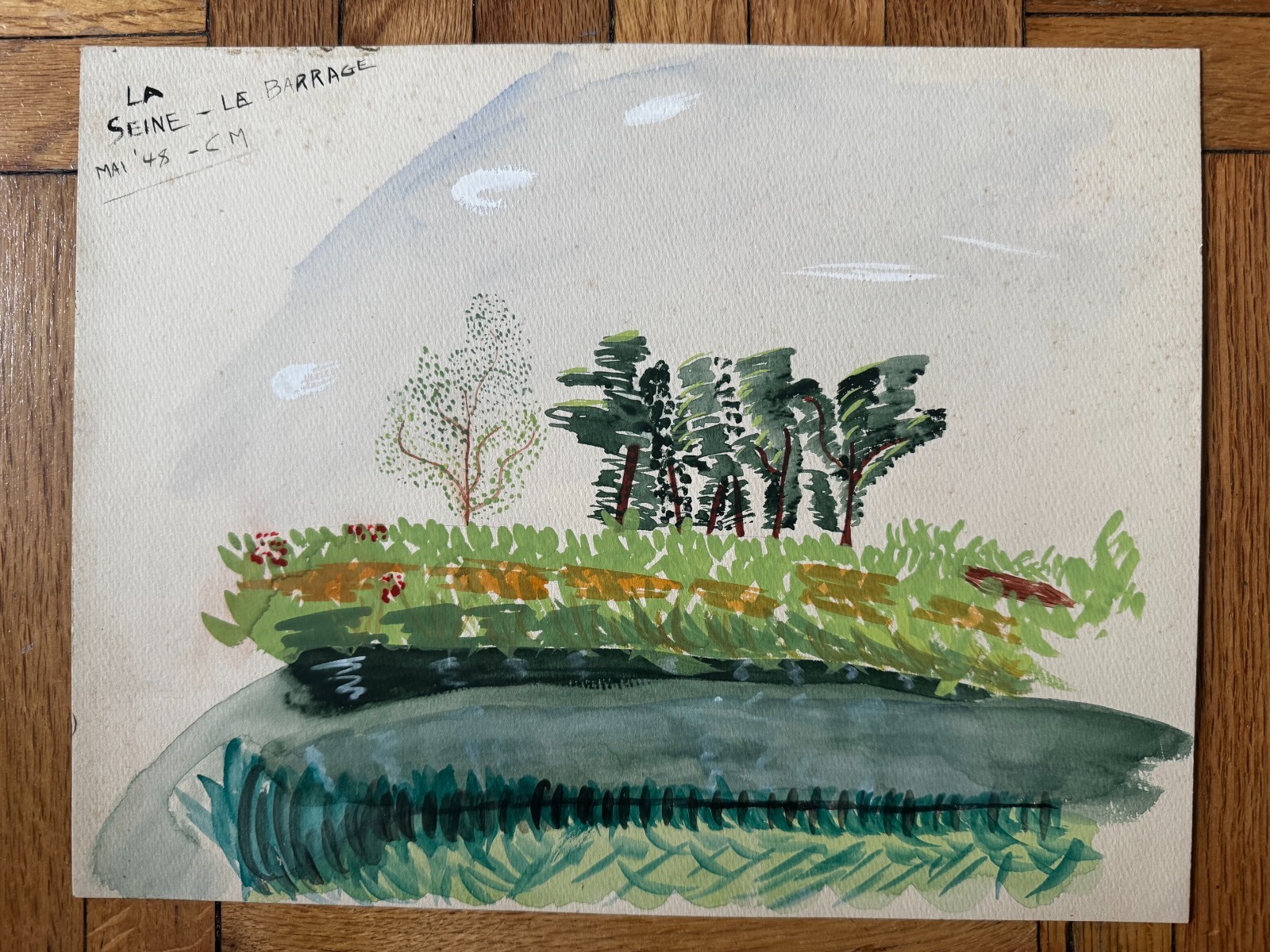 French 1940s Original Watercolor Gouache Painting Landscape Dated OOAK 9 x 12