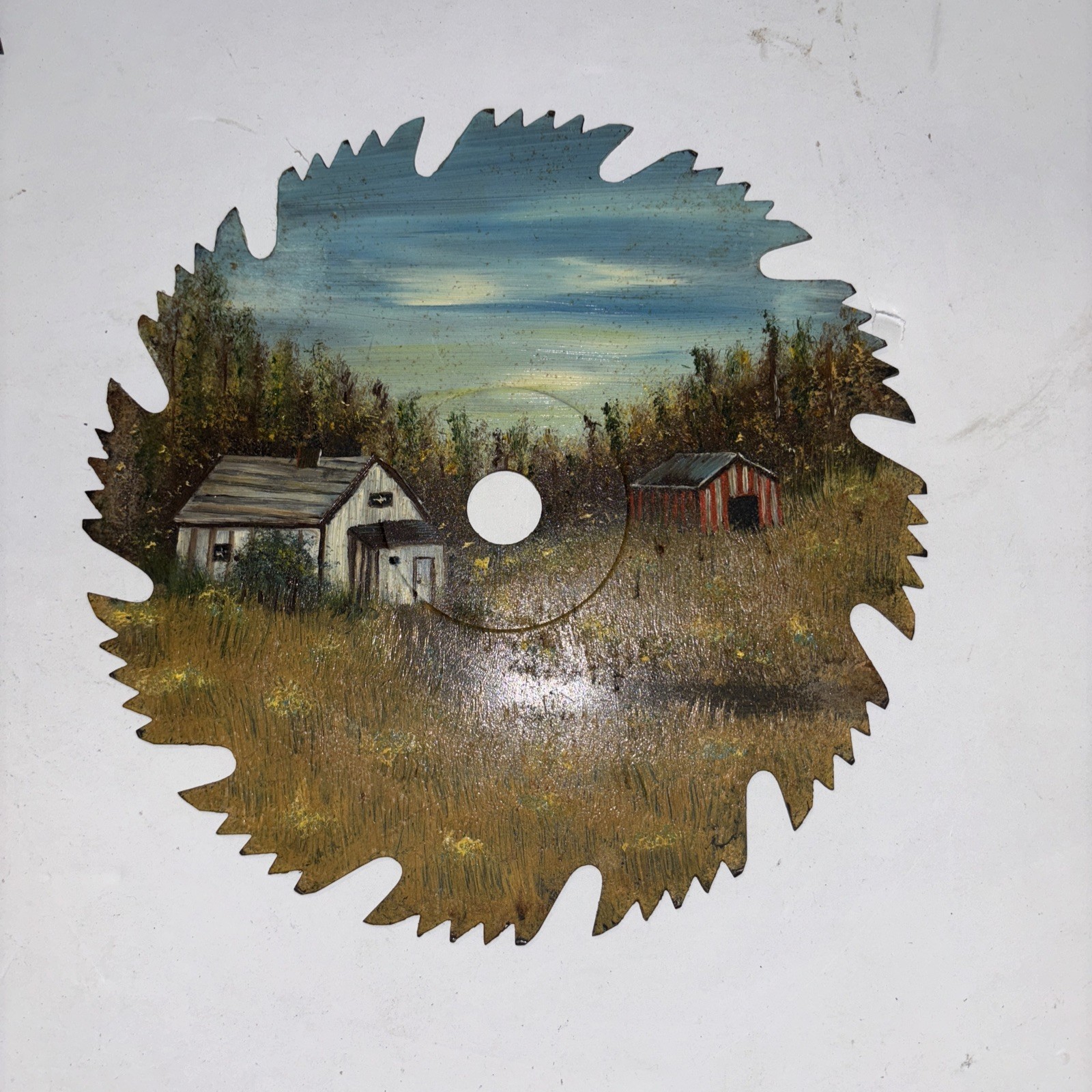 Vintage 7 inch saw blade folk art Farmhouse barn painting Country decor