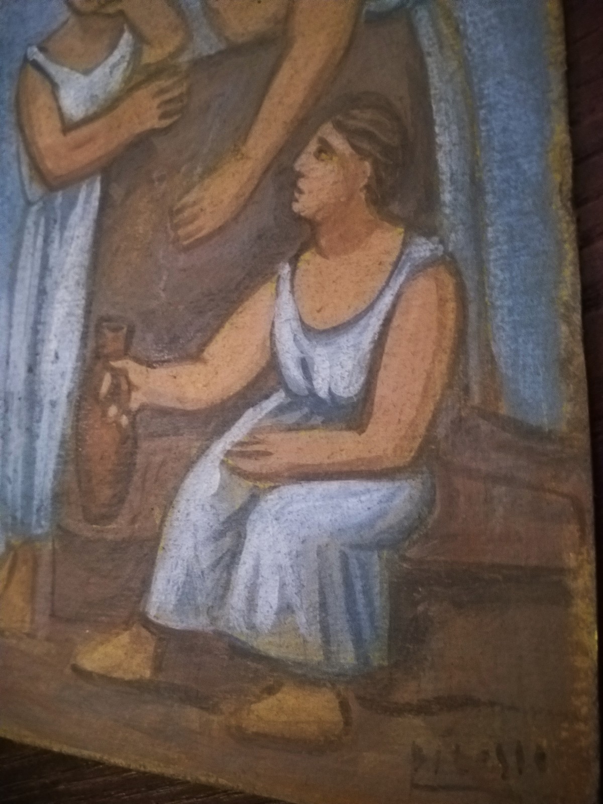 Three Women at the Spring Picasso Expressionism Style Painting on Cardboard