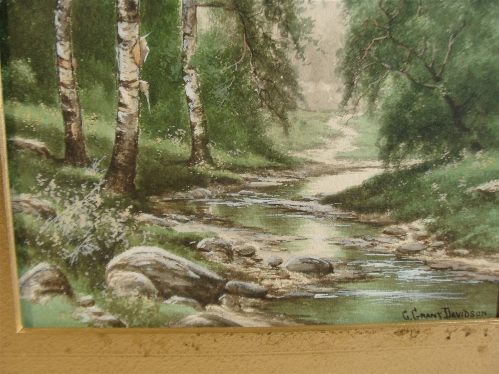 Antique Charles D Davidson River Birches Landscape W/C Painting