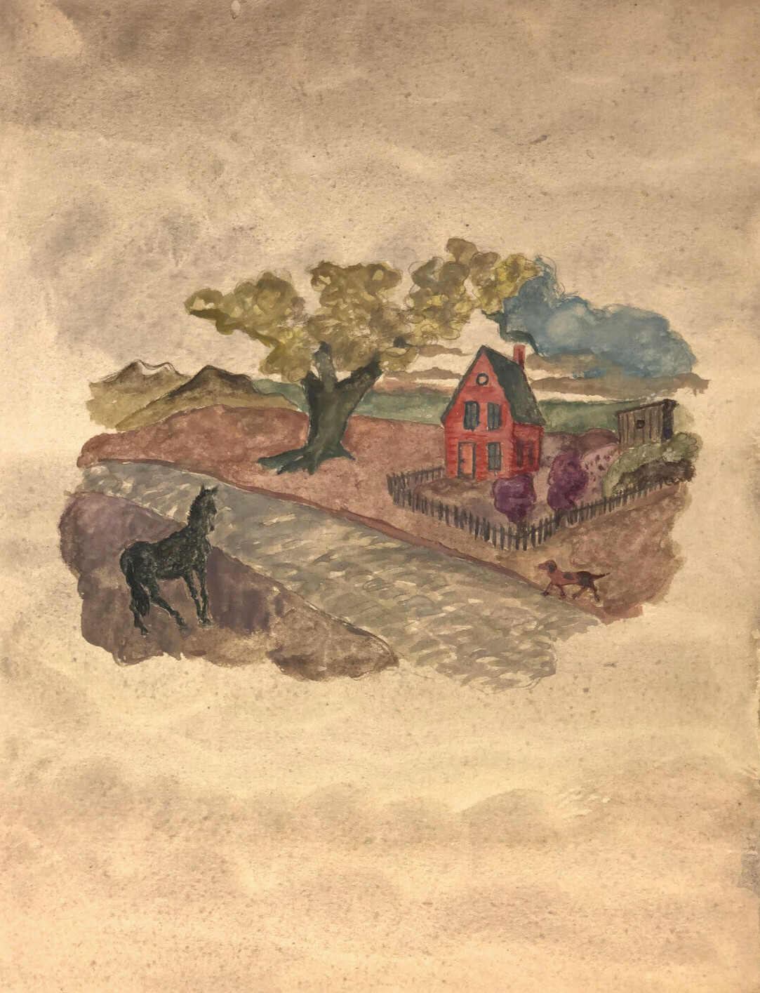 Horse, House & Dog Landscape 11 x 8 1/2″ Watercolor Painting-1930s-Amalia Ludwig