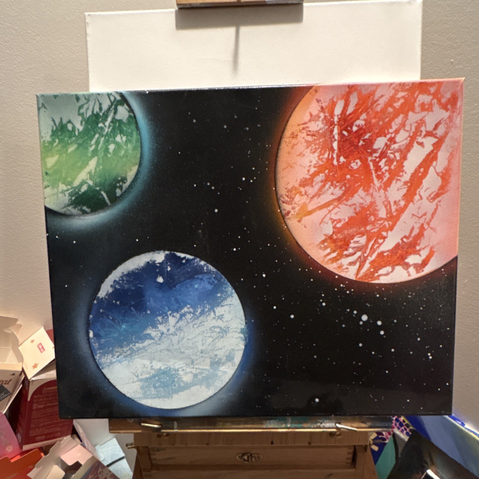 Original Outer Space Planets Modern Abstract Painting on Canvas 20x 15 1/2