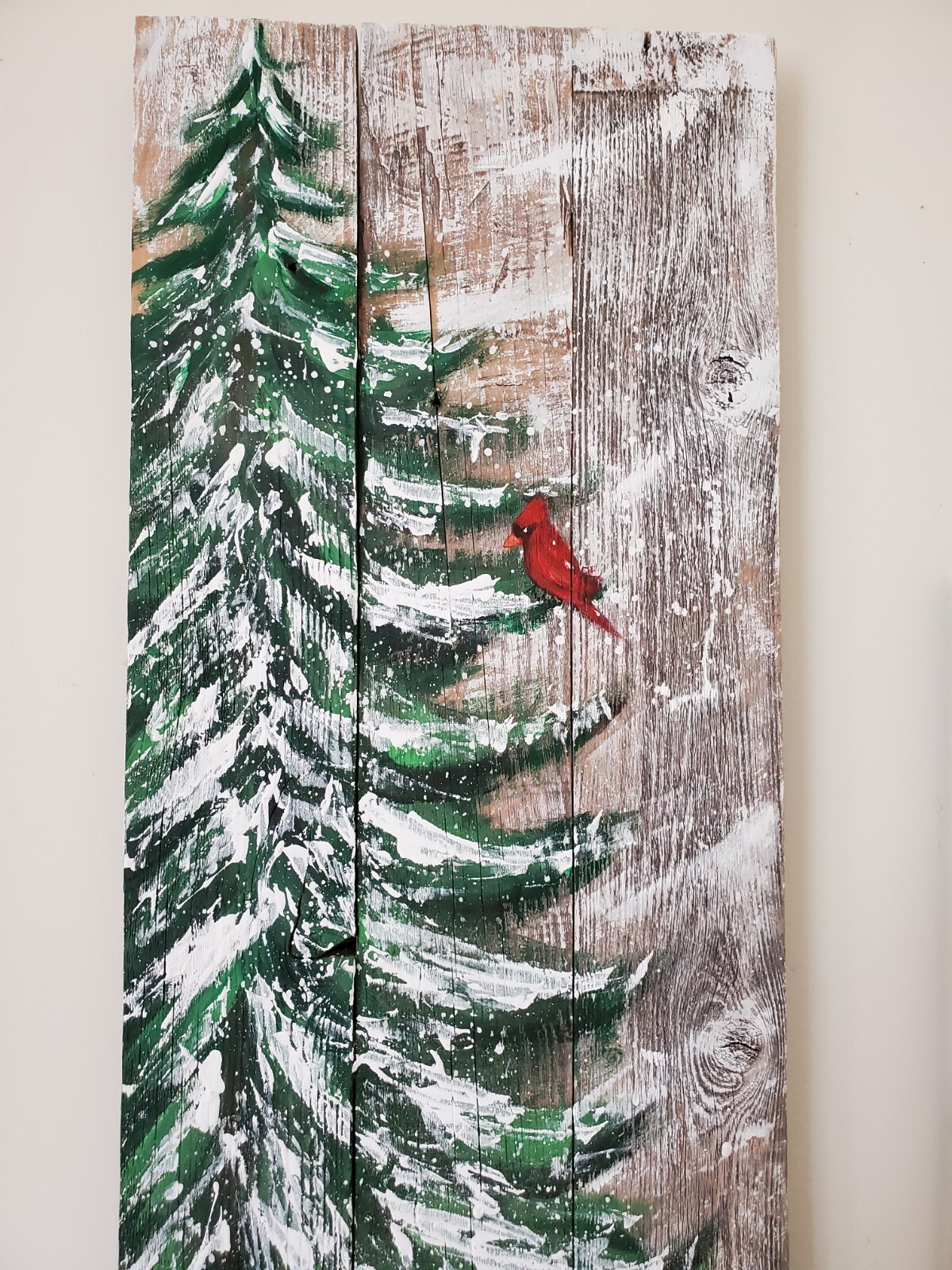 Snowy Pine Tree Evergreen Cardinal Reclaimed Wood Painting Laura Fiorillo Art
