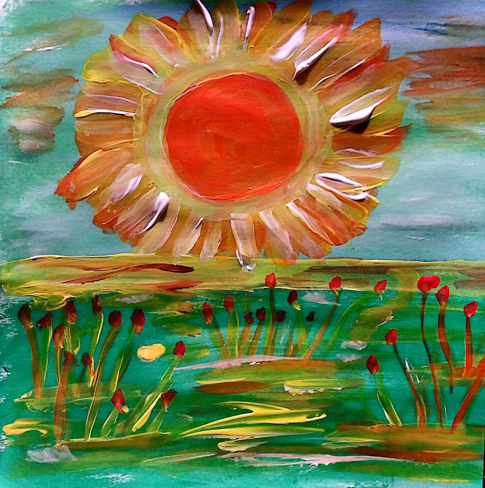 Modern Sunny Landscape Original Signed Paper Acrylic Wall Art Small Home Decor