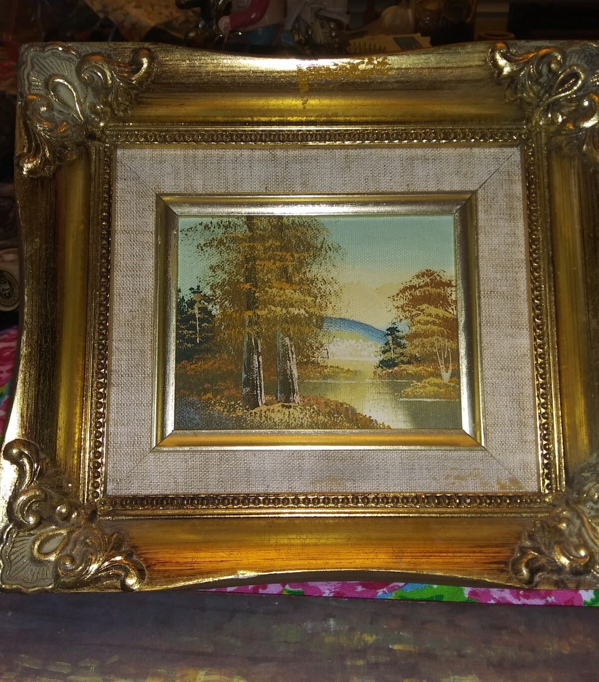 Vintage Original Acrylic Art Fall Scene Framed & Matted Gold Gilt Frame 9″X 8″