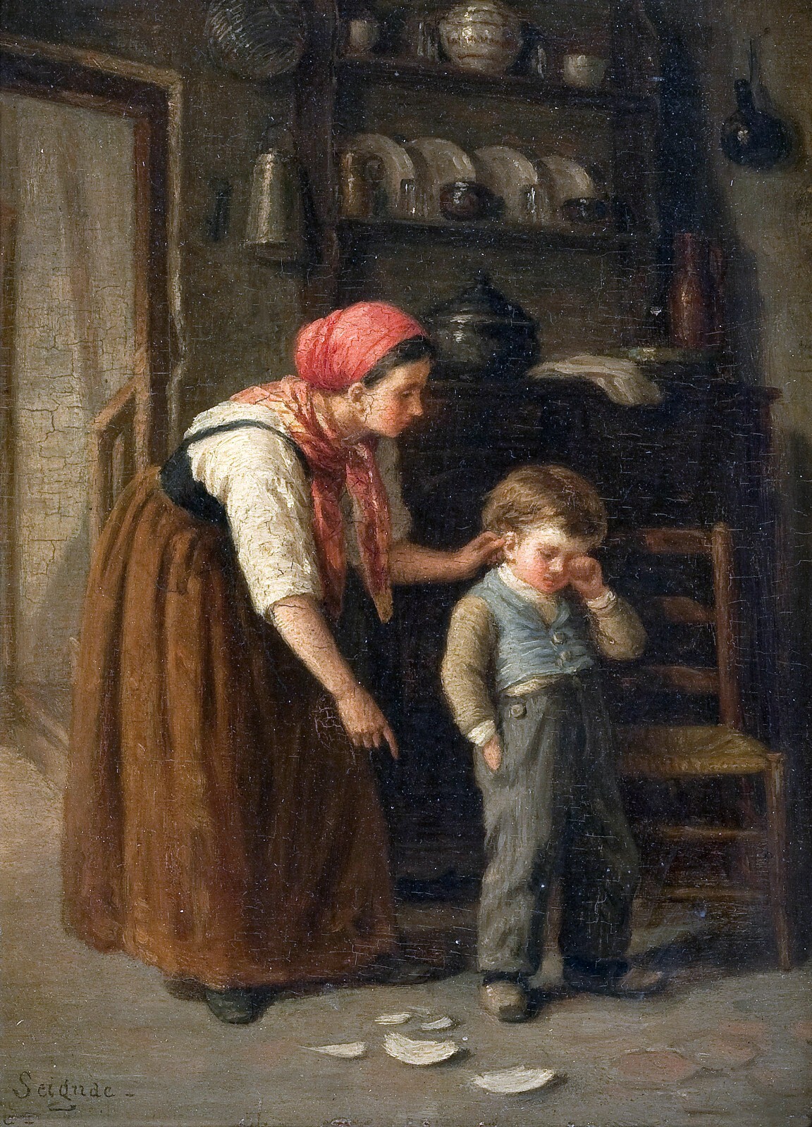 Oil painting Paul Guillaume Seignac young woman mother with A mischievous child