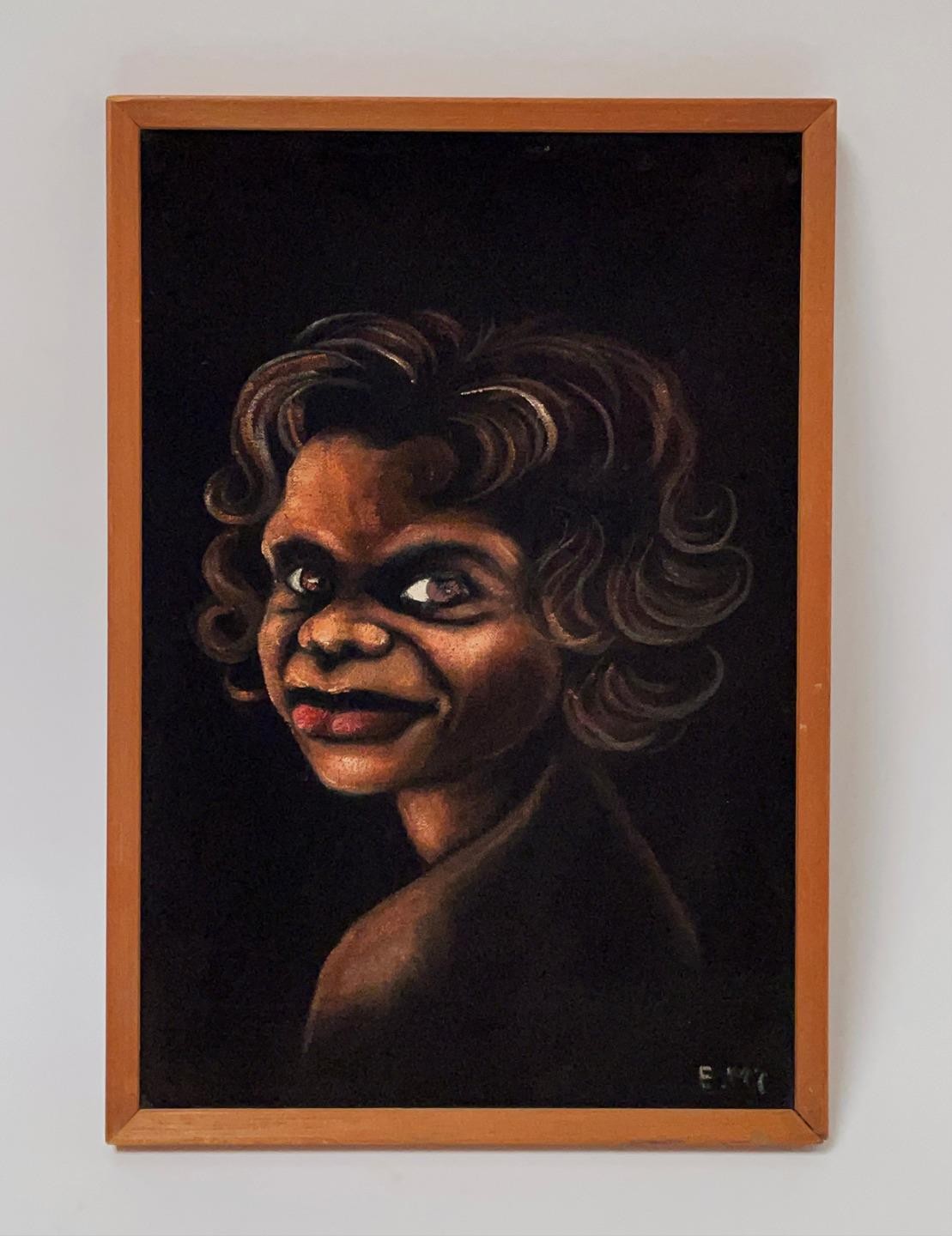 VINTAGE ABORIGINAL PORTRAIT OIL PAINTING ON BLACK VELVET SIGNED EMC AUSTRALIANA