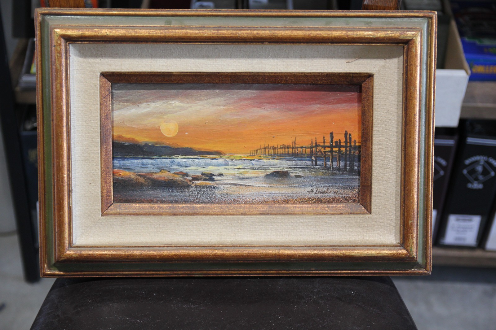 Ocean Sunset Pier Landscape Oil Painting Early 1970s