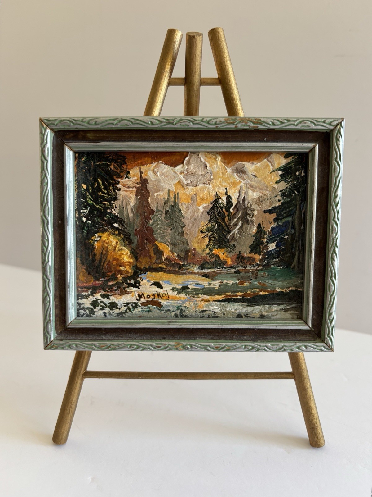 Vtg Mini Original Autumn Mountain Stream Landscape Painting Framed On Easel 3×4”