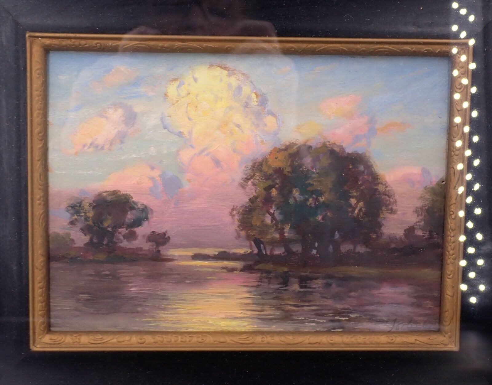 John Colin Forbes Sunset Near Lake and Trees Oil Original Wood and Gold Frame